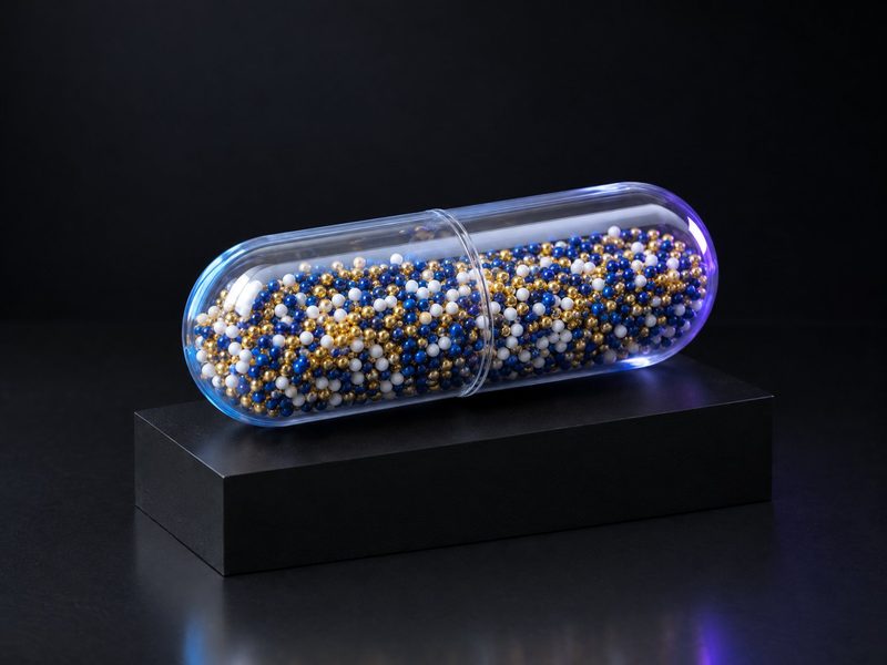 Concept render: The capsule. An oversized clear capsule, its beads in your colours.