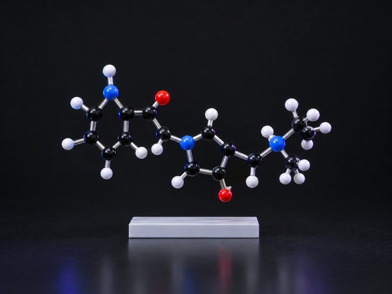 Concept render: Flagship molecule. Your flagship molecule as a ball-and-stick model on a plinth.