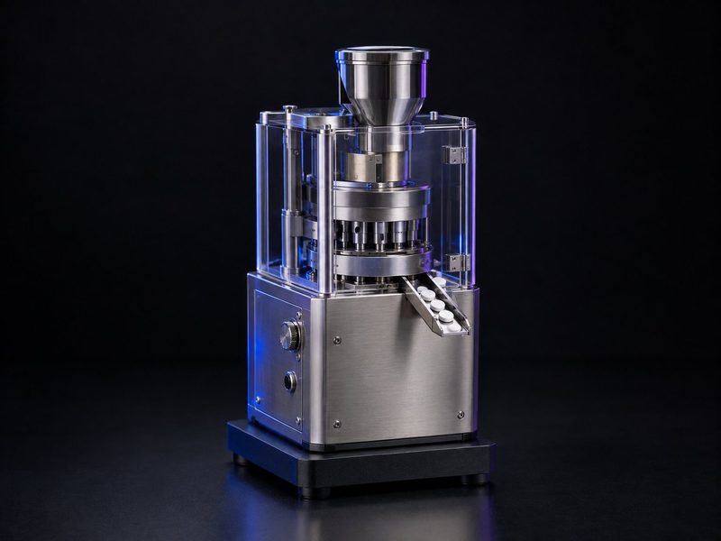 Concept render: Tablet press. A rotary tablet press in miniature, a tablet at the outlet.