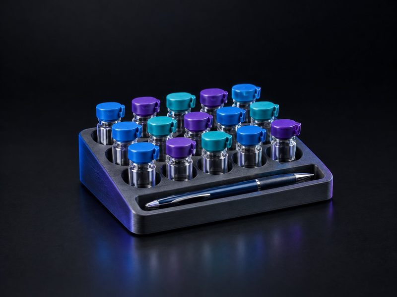 Concept render: Vial tray. A rack of vials with coloured caps, as a pen and clip tray.