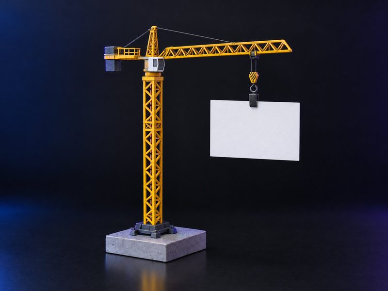Concept render: Crane card holder. A tower crane whose hook holds a visiting card or the site's progress photo.