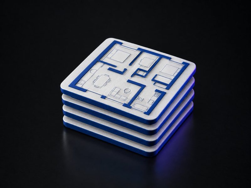 Concept render: Floor-plan coasters. A set of four coasters, each the buyer's floor plan in shallow relief.