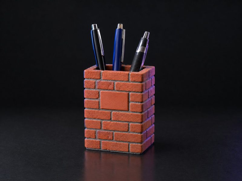 Concept render: Brick-stack pen pot. A pen pot built from miniature bricks, one brick carrying the project's mark.