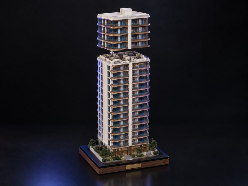 Concept render: Lift-apart tower. The top floors lift away to reveal the buyer's own floor plan inside.