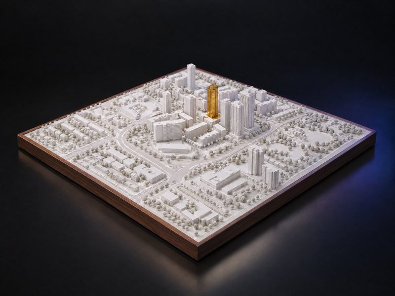 Concept render: Master-plan relief. The whole township as a white relief, the recipient's tower picked out in gold.