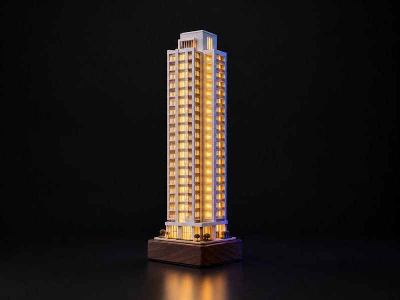 Concept render: Tower lamp. The project's tower as a desk lamp, every window glowing.
