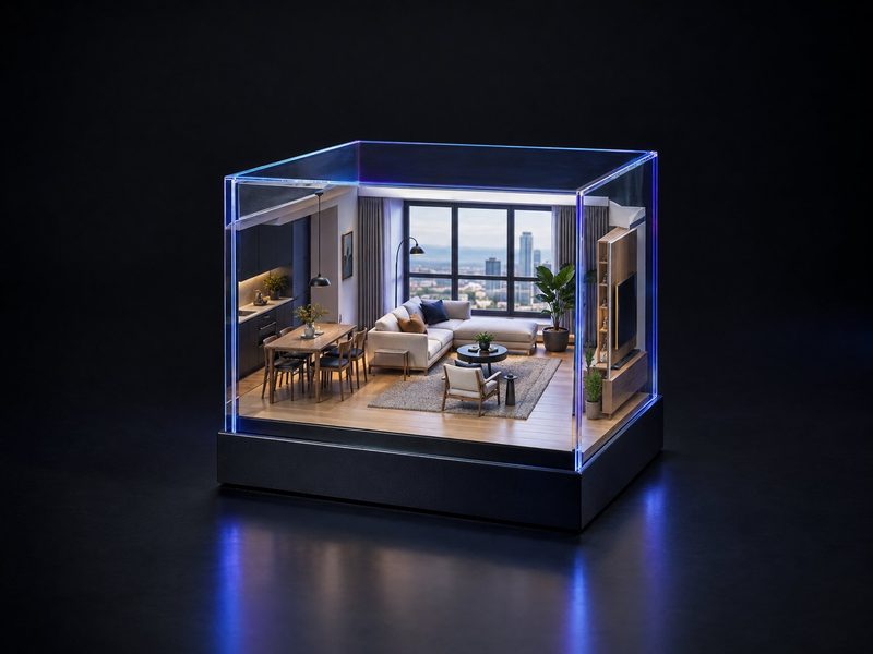 Concept render: Show flat in a cube. A furnished living room at 1:50, inside a clear cube.