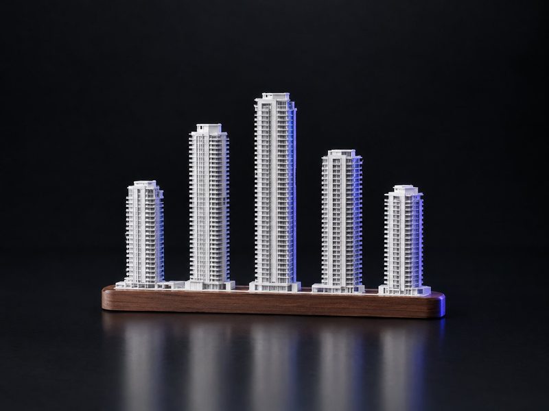 Concept render: Delivered skyline. Your completed towers side by side on one slim base, each with its year.