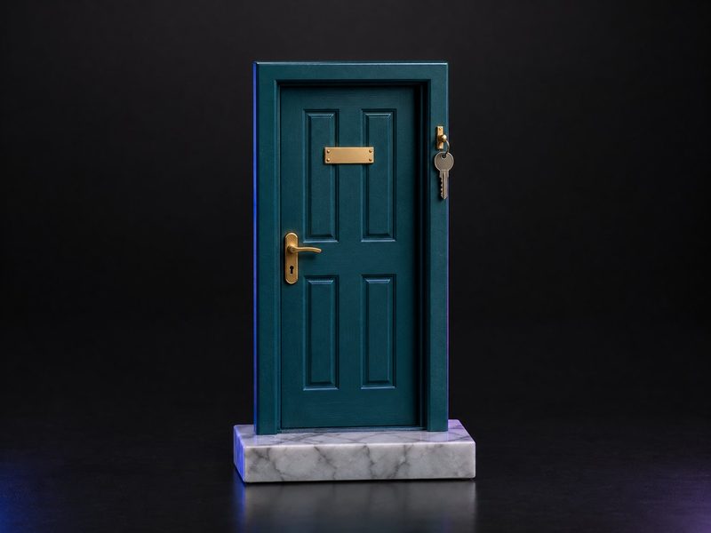 Concept render: Home key stand. The new home's front door in miniature, with a hook for the real keys.
