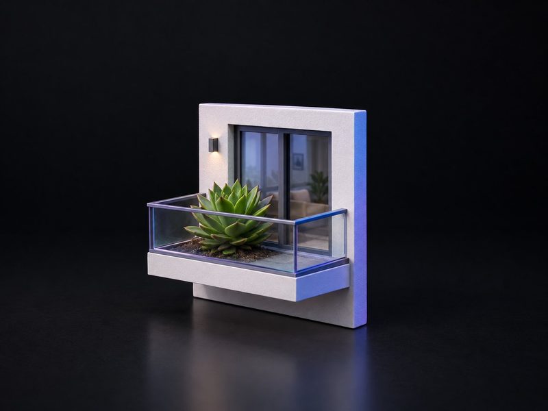 Concept render: Balcony planter. A balcony from the project's façade as a desk planter for a succulent.