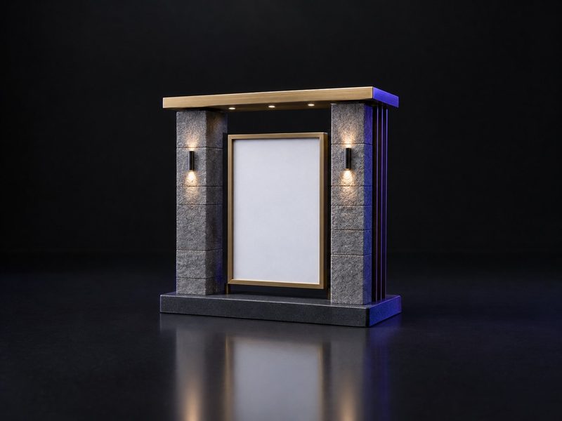 Concept render: Possession-day frame. The project's entrance gate as a frame for the new owner's photo.