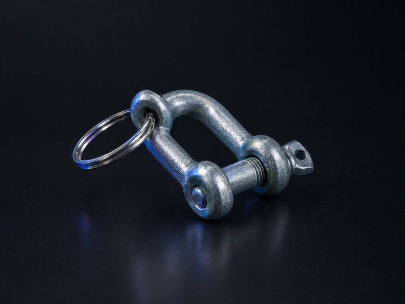 Concept render: Shackle keyring. A D-shackle with a working pin, the name along the bow.