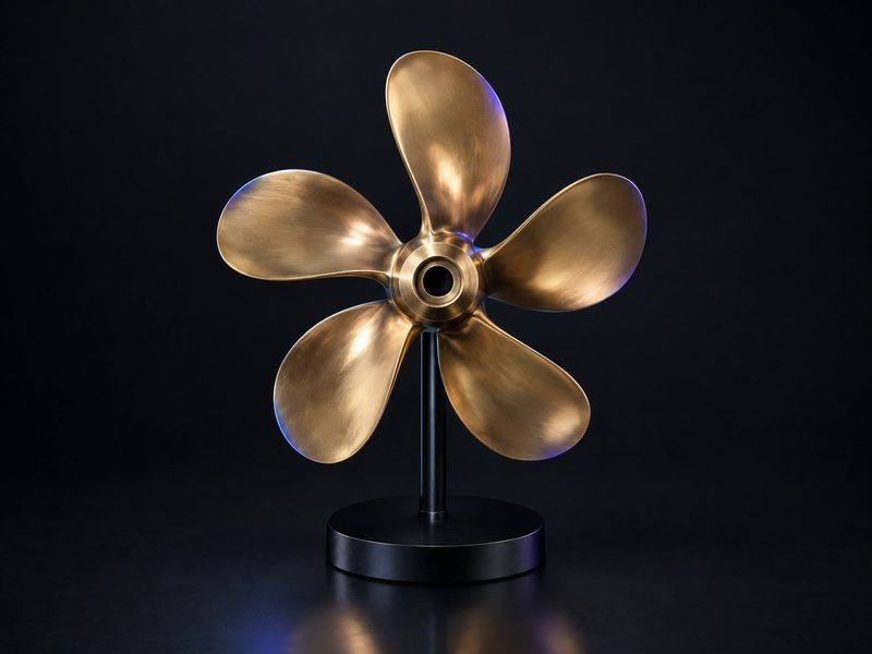 Concept render: The propeller. A five-blade desk propeller in a bronze-look finish, or your own vessel.