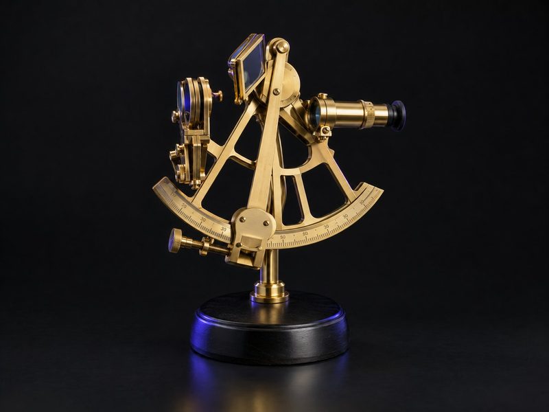 Concept render: The sextant. A navigator's sextant on a stand, in a brass-look finish.