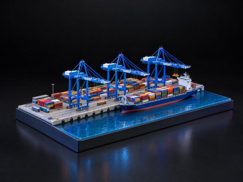 Concept render: Terminal in miniature. A container terminal: berth, gantry cranes and a docked ship.