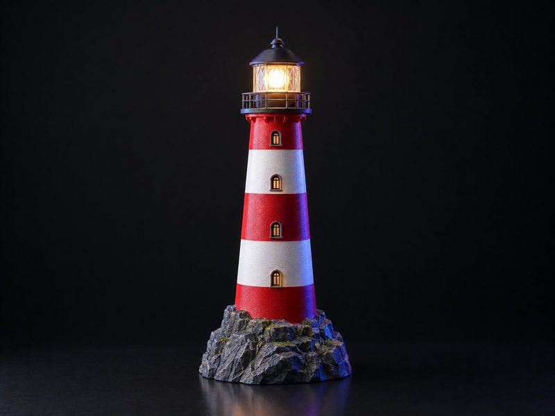 Concept render: Lighthouse lamp. A lighthouse on its rock, the lamp room really lit.