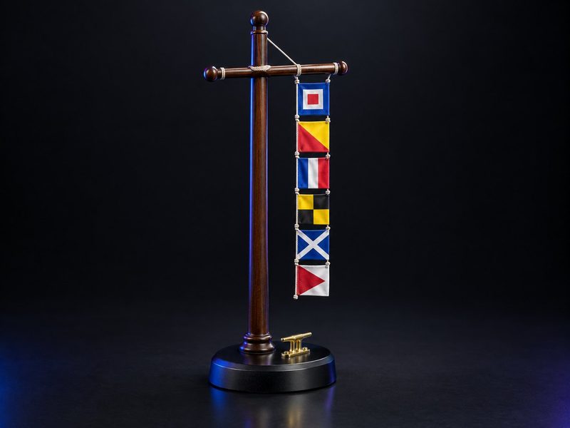 Concept render: Name in signal flags. Each recipient's name spelt in maritime signal flags, on a mast and yard.