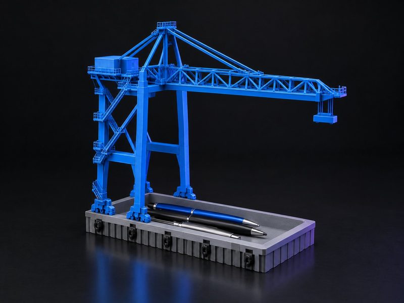 Concept render: Gantry crane pen tray. A ship-to-shore crane straddling a tray for pens and cards.