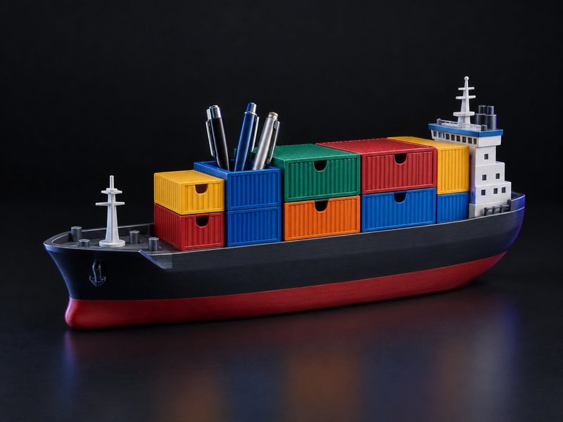 Concept render: Container-ship organiser. A container ship whose stacked boxes are drawers and pen slots.
