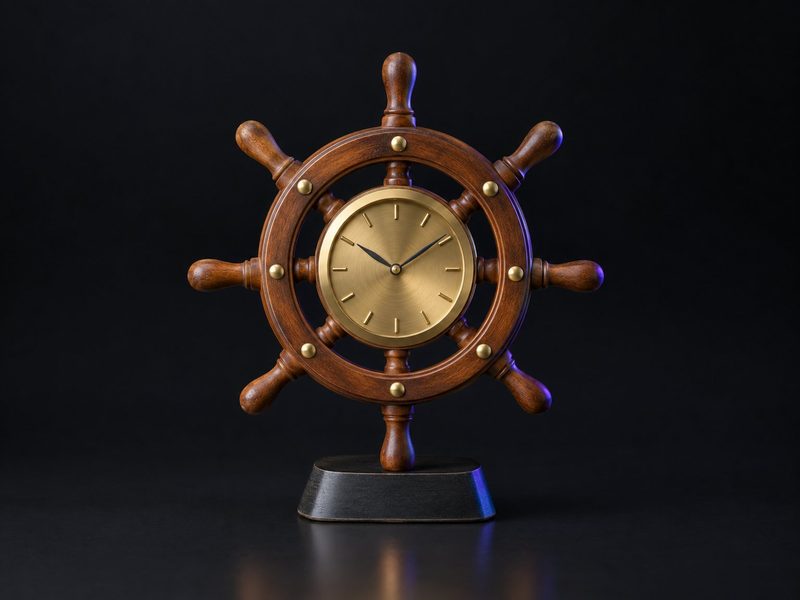 Concept render: Ship's wheel clock. A ship's helm as a desk clock.