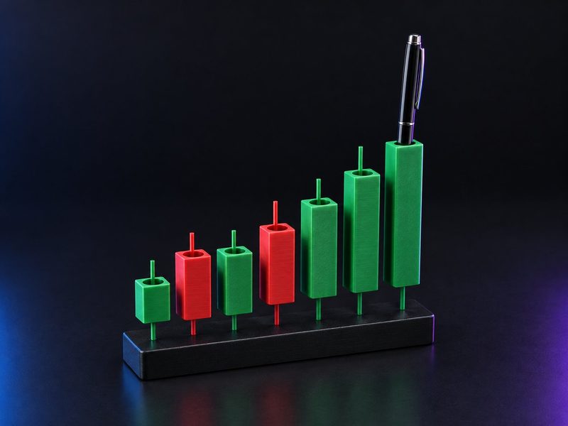 Concept render: Candlestick pen stand. Seven rising candles, each one a pen slot.