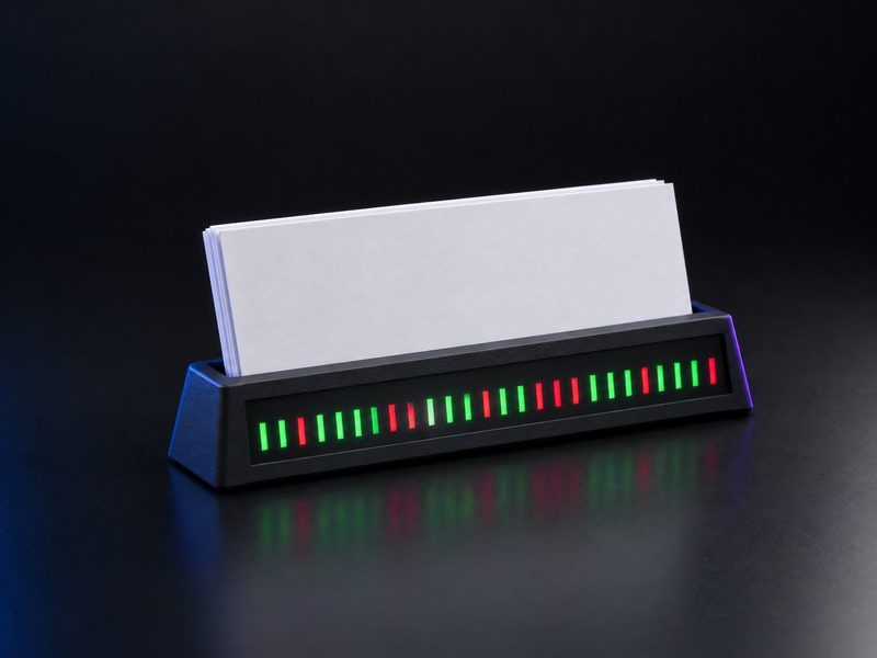 Concept render: Ticker card stand. A slim market-ticker bar that holds business cards.