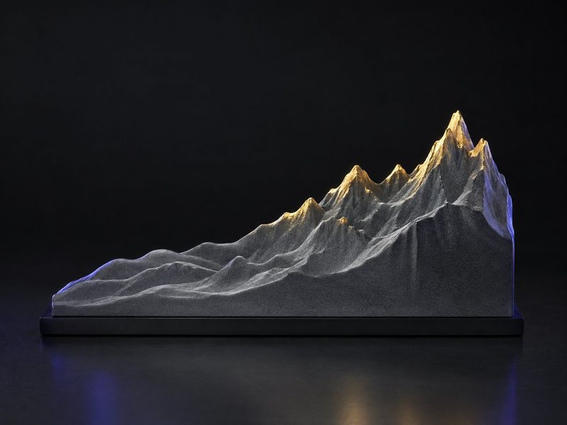 Concept render: Market terrain. Your milestones cast as a relief landscape, the peaks tipped in gold.
