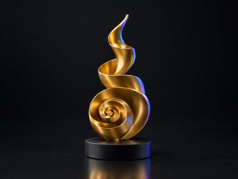 Concept render: Compounding spiral. A logarithmic spiral climbing in tiers, finished in gold.