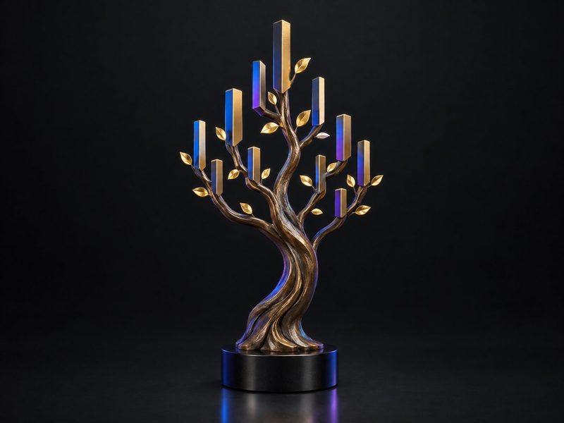 Concept render: Growth tree. A tree whose branches are rising bars, the leaves in gold.