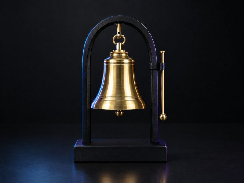 Concept render: Listing-day bell. An opening bell on a stand, for listings and milestones.