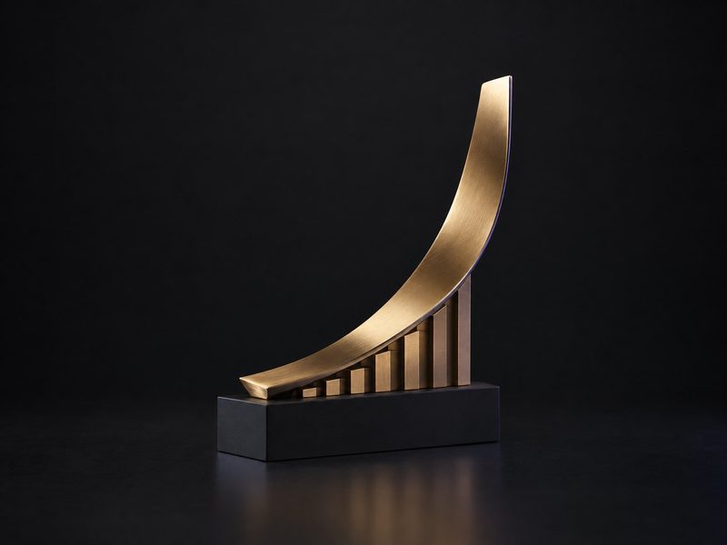 Concept render: Compounding curve. A metallic ribbon rising from flat to steep, your founding year at the foot.
