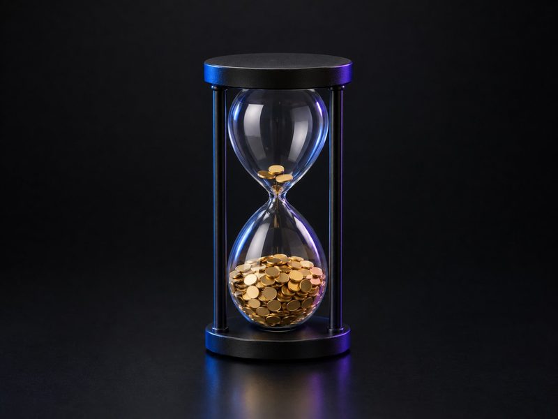 Concept render: Time in the market. An hourglass whose lower bulb fills with small gold discs.