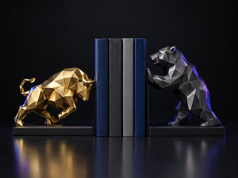 Concept render: Bull and bear bookends. A faceted bull and bear facing off as bookends.