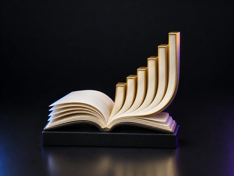 Concept render: The ledger. An open ledger whose pages rise into a growth chart.