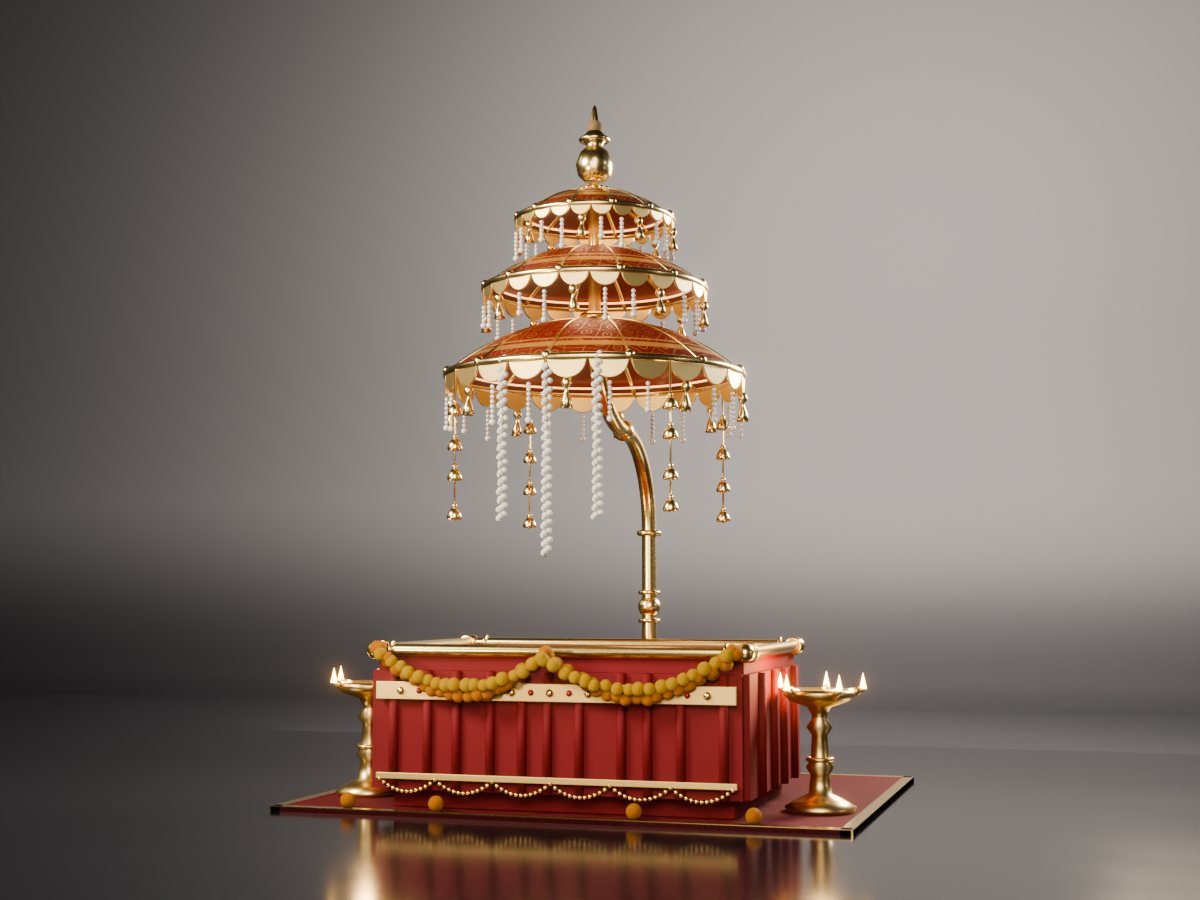 Concept render of a three-tier ceremonial umbrella canopy in deep red and gold with fringe and tassels, on a gold stem over an empty seat