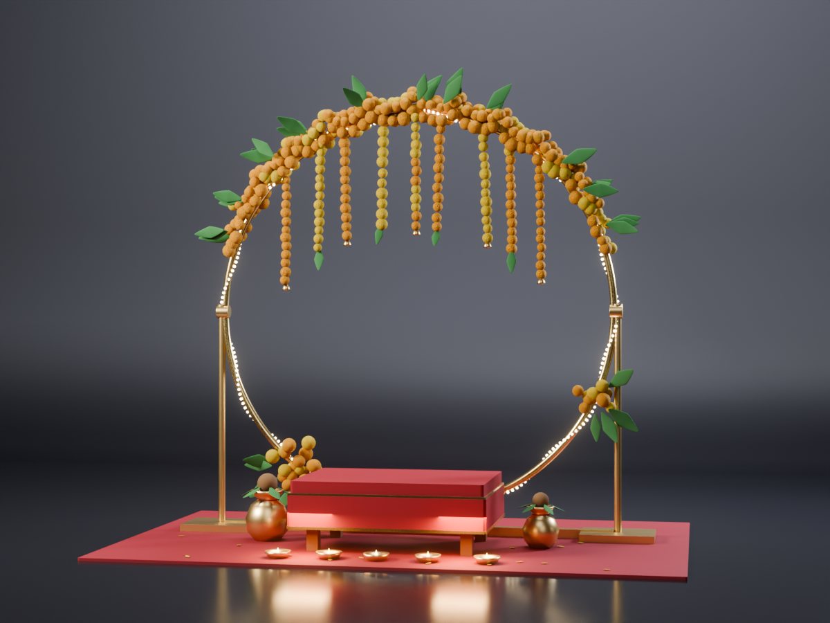 Concept render of a golden ring backdrop: a large gold hoop on brass posts wrapped with marigold garlands and hanging flower strings, fairy lights along the ring, a wooden seat, kalash and lamps inside