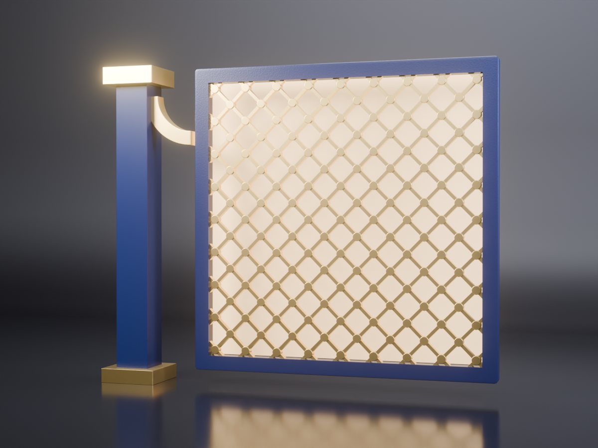 Concept render of a mandap jaali screen: a gold diamond lattice with round nodes inside a navy frame beside a navy pillar with a gold bracket, warm light glowing through