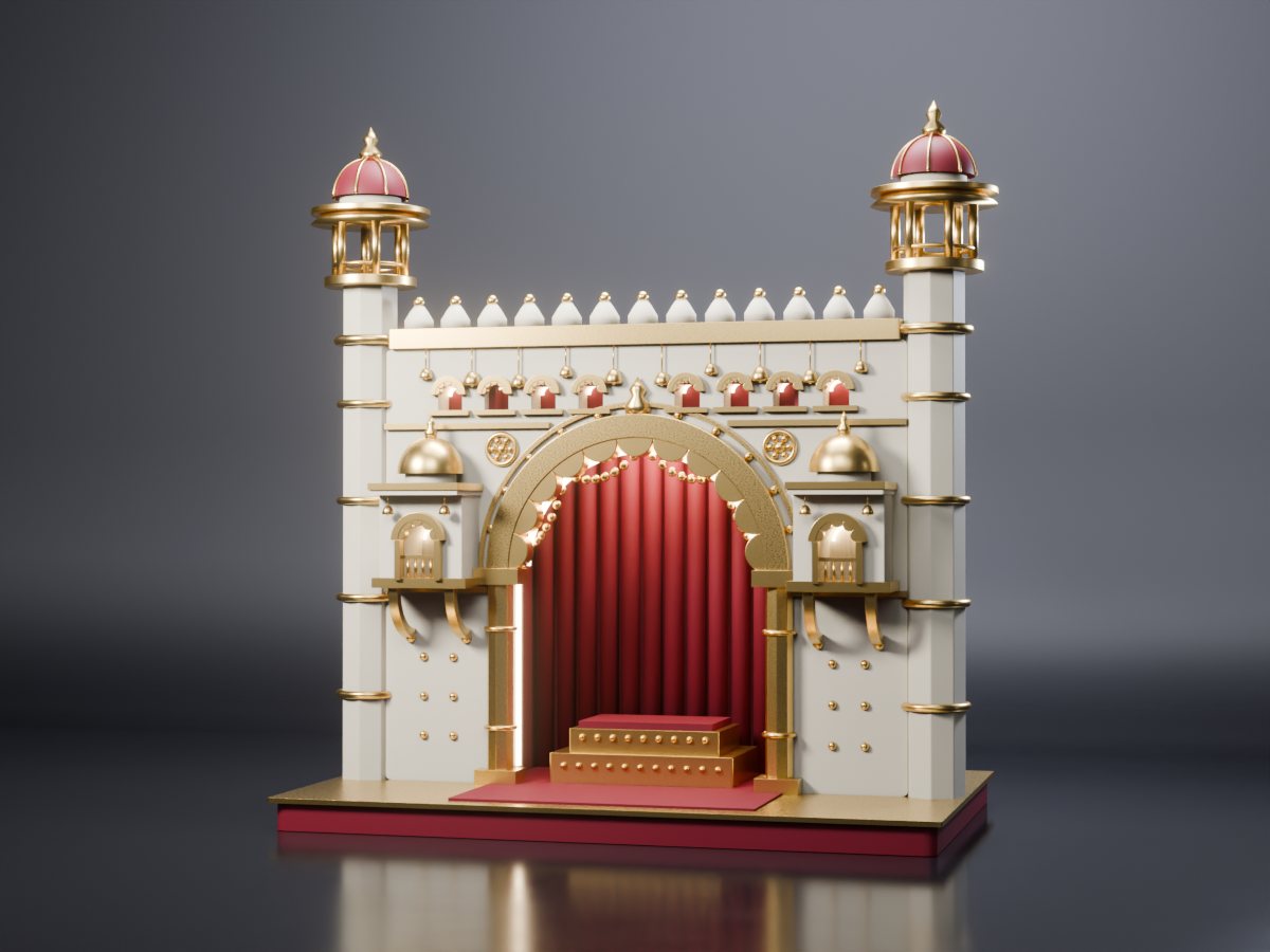 Concept render of a Rajwada palace makhar: ivory facade with a large gold cusped arch, maroon drape and empty gold seat inside, two domed balconies, small cusped windows, merlons and two minarets with domed pavilions