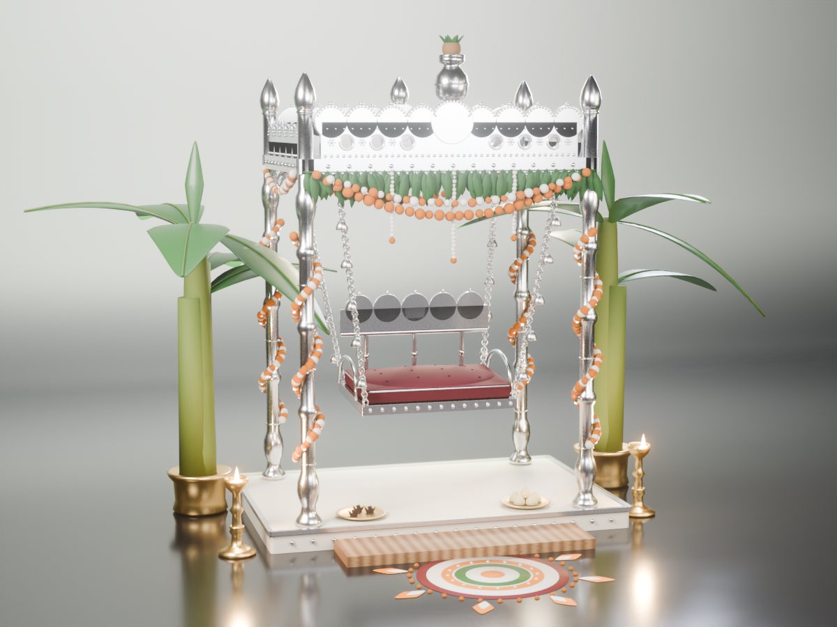 Concept render of a swing frame: silver posts and rails, a suspended seat on chains with bells, marigold and white flower garlands and a mango-leaf toran along the top rail, empty