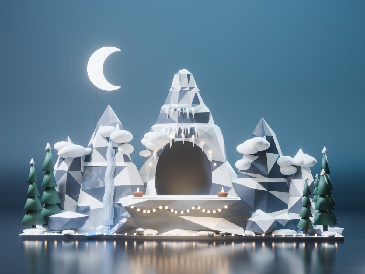 Concept render of a Kailash mountain backdrop: faceted white snow peaks over grey-blue rock with a dark night sky, an empty ledge in front