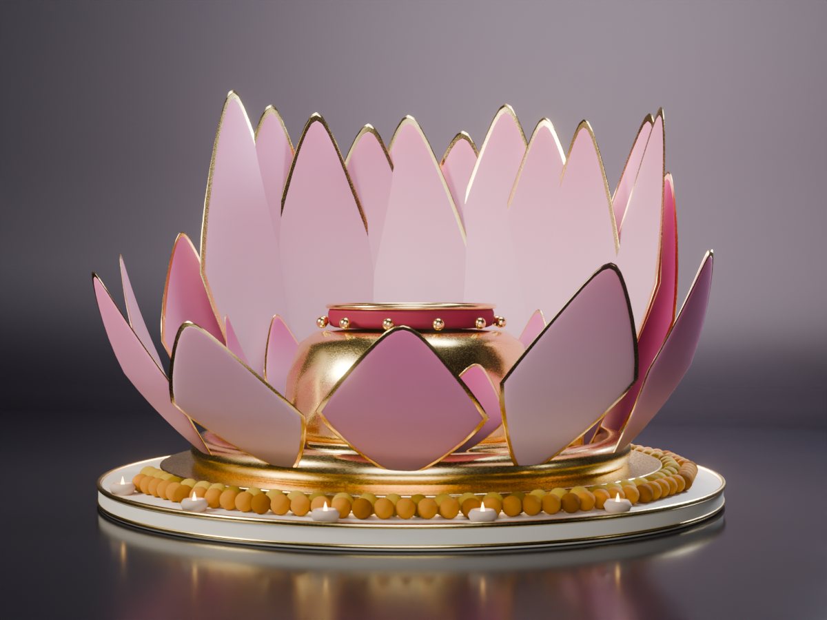 Concept render of a lotus throne: rings of pink petals with gold ribs around an empty gold seat on a round tiered platform, tall petals behind, marigold garland and small lamps at the base
