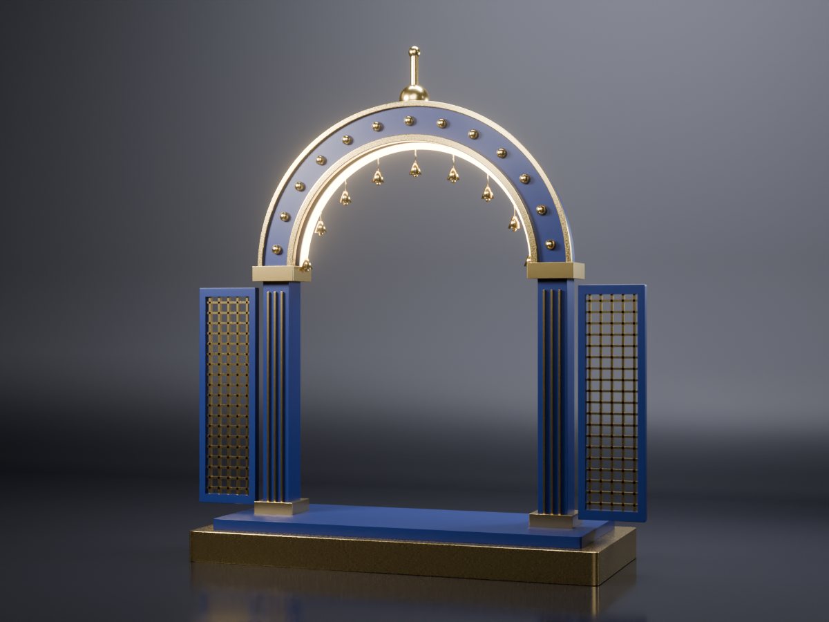 Concept render of a sectional makhar: navy temple-form arch on two pillars over a gold-edged plinth, with jaali lattice side panels and a warm LED line inside the arch, empty, in a dark studio