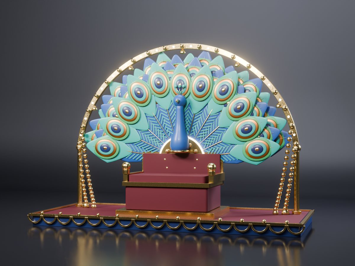 Concept render of a peacock-fan makhar: blue and teal feather blades with eyes radiating from a gold medallion behind an empty maroon throne on a navy platform, in a dark studio
