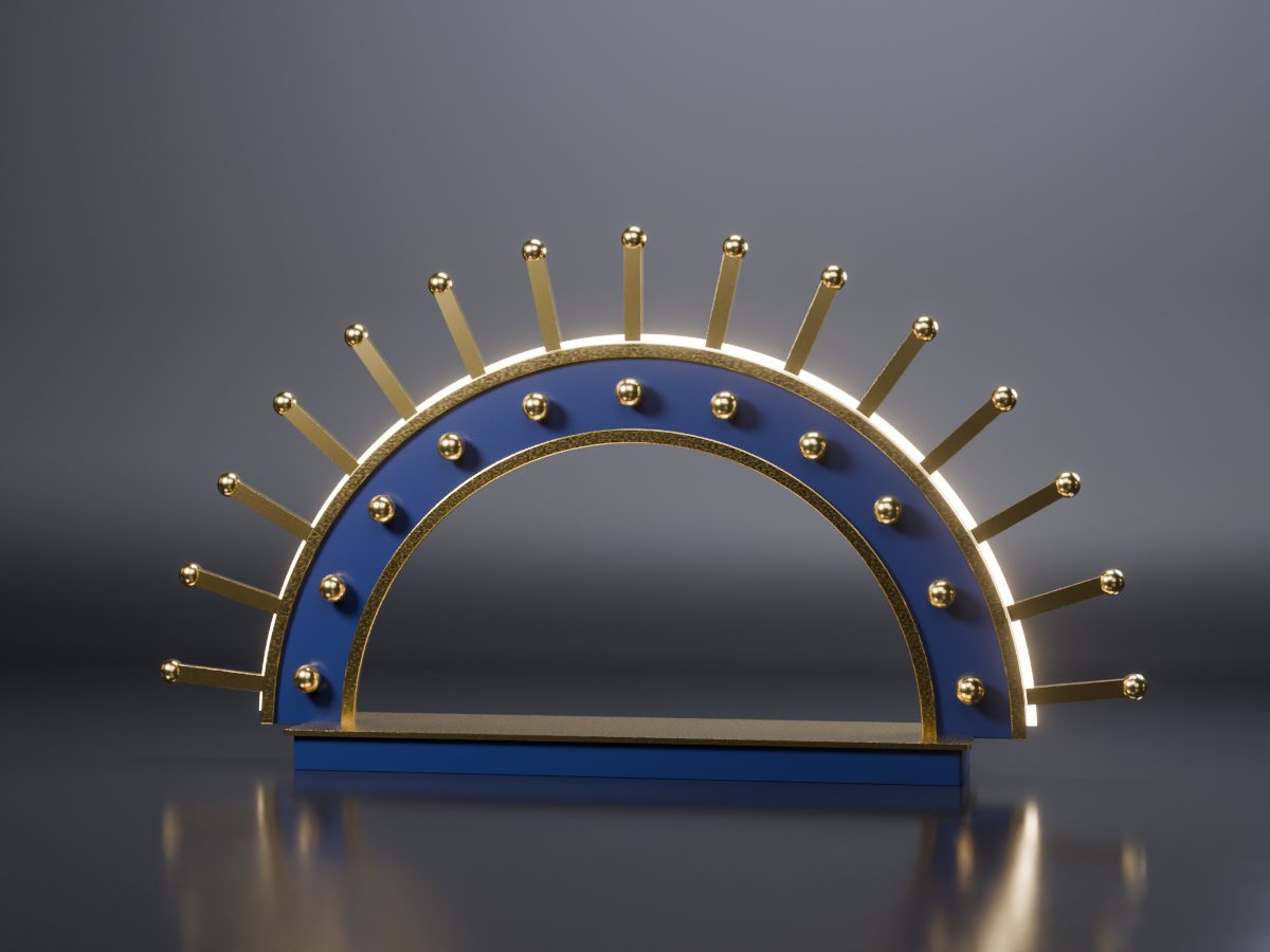 Concept render of a prabhavali: a navy halo arch with gold inner and outer rims, gold rays radiating outward and small gold bosses along the band, on a low base