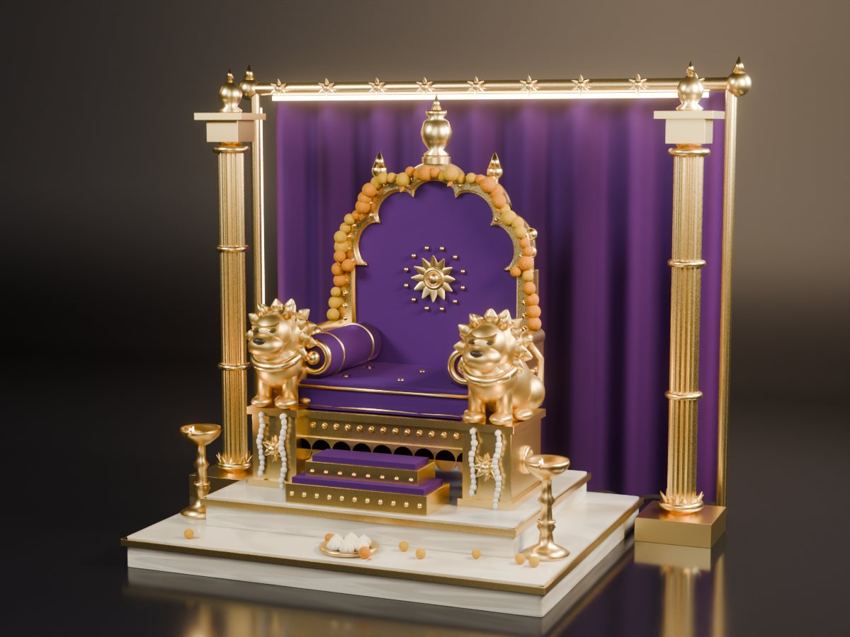 Concept render of a lion throne: a gold frame with two small gold lions at the front, purple velvet cushion and bolsters, a lobed gold back panel, empty
