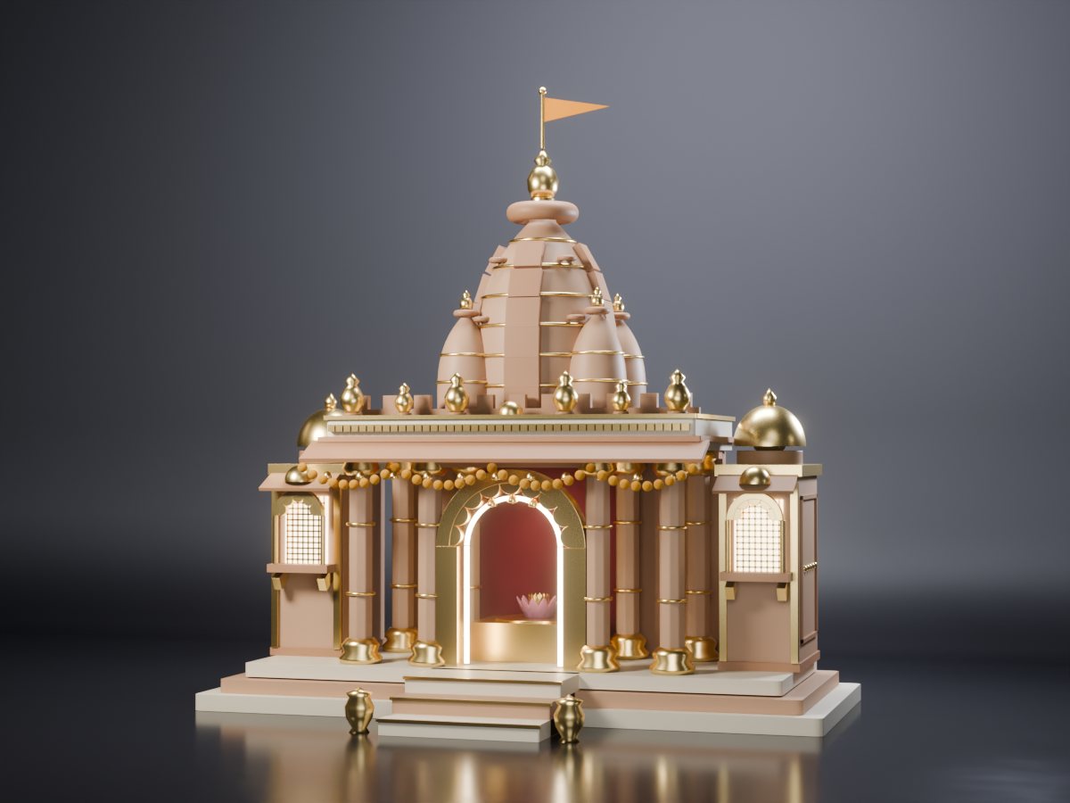 Concept render of a temple-facade makhar in sandstone and cream: pillared porch with a gold cusped arch and maroon drape inside, side wings with small domes, a curved shikhara tower with gold bands, kalash finials and a saffron flag