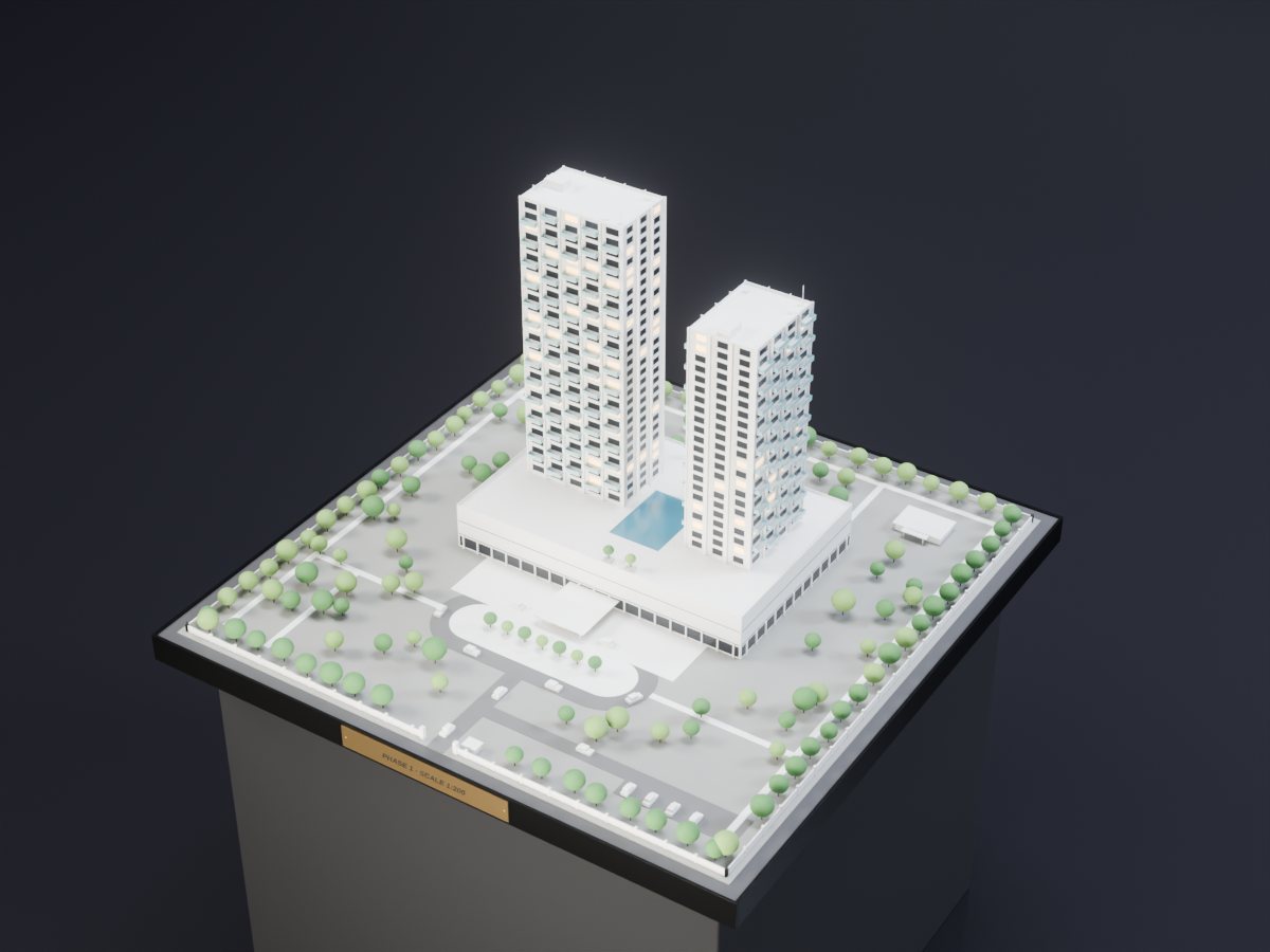 Concept render of a 1:200 architectural model of two white residential towers on a podium with a rooftop pool, landscaped grounds, tiny trees and cars, on a dark base with a black frame and a brass plate