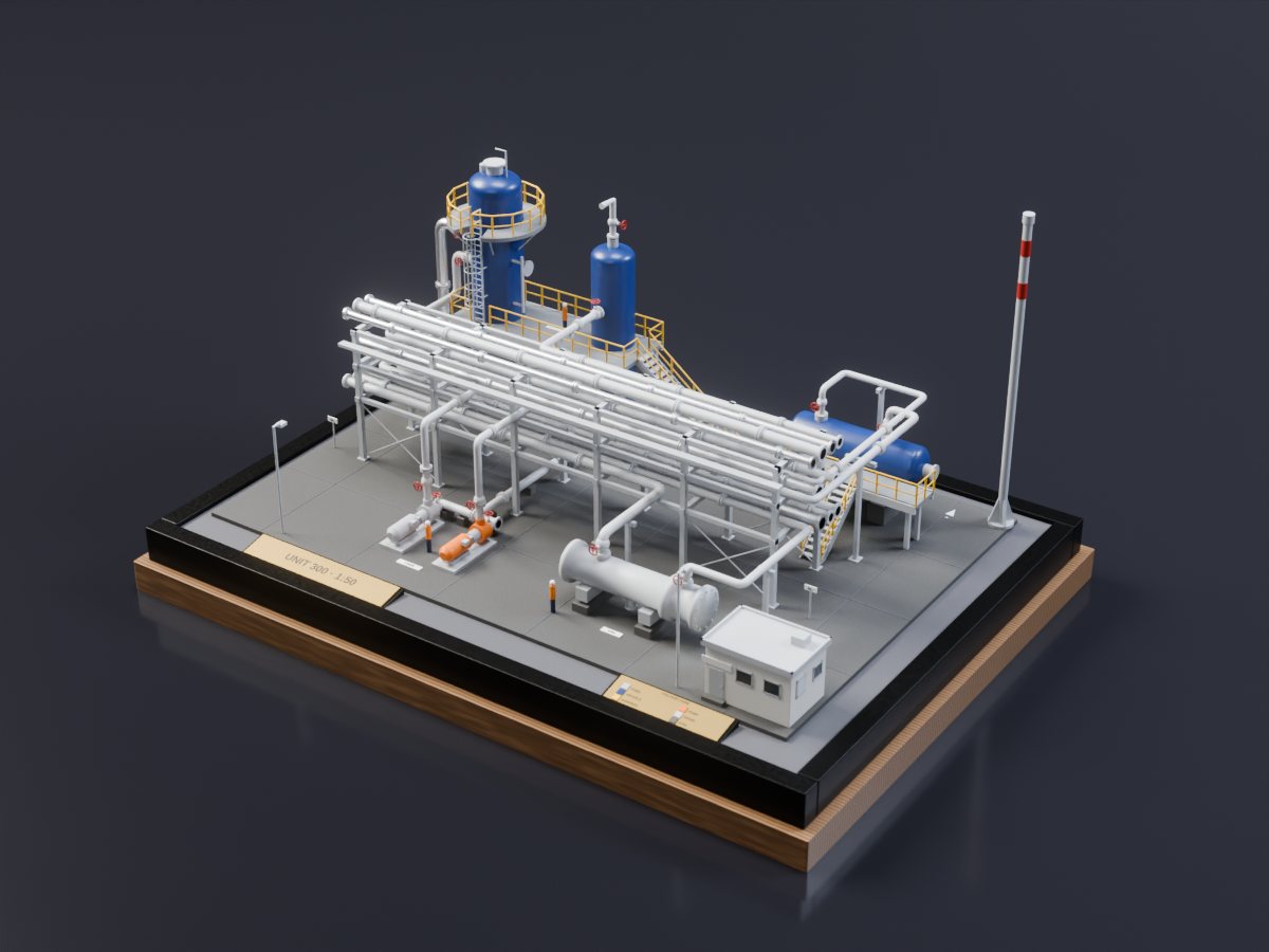 Concept render of a 1:50 industrial process-plant model: two dark blue vertical vessels, a horizontal drum, a three-tier pipe rack, an exchanger, yellow handrails, staircases and a control cabin on a dark grey base with a brass plate