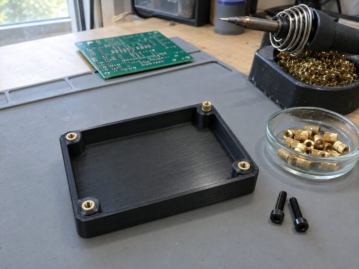 Upside-down black 3D-printed enclosure lid with brass heat-set inserts in its screw bosses, beside loose inserts, screws and a soldering iron on a bench