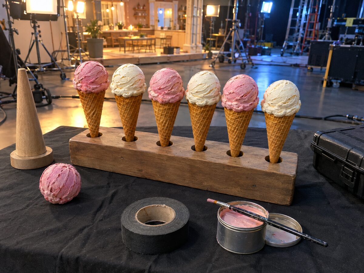 Six hand-painted printed ice-cream cone props, strawberry and vanilla, standing in a drilled wooden block on a film-set prop table under hot set lights
